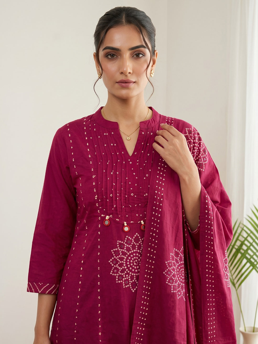 Red Printed Cotton Blend Kurta With Pant & Dupatta