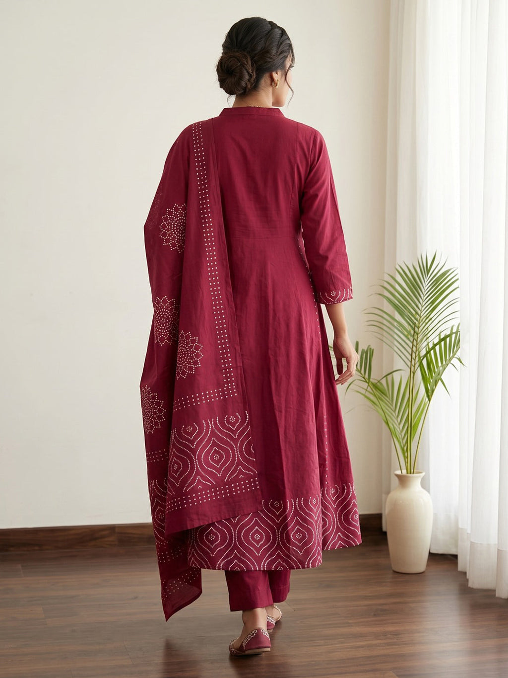 Red Printed Cotton Blend Kurta With Pant & Dupatta