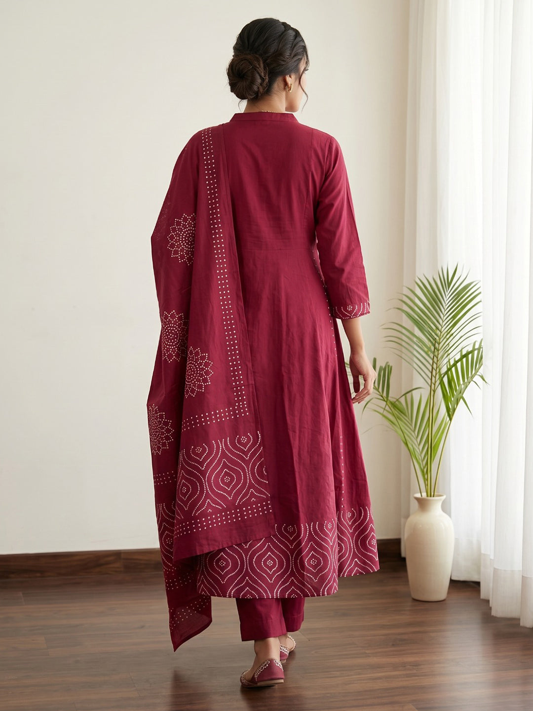 Red Printed Cotton Blend Kurta With Pant & Dupatta