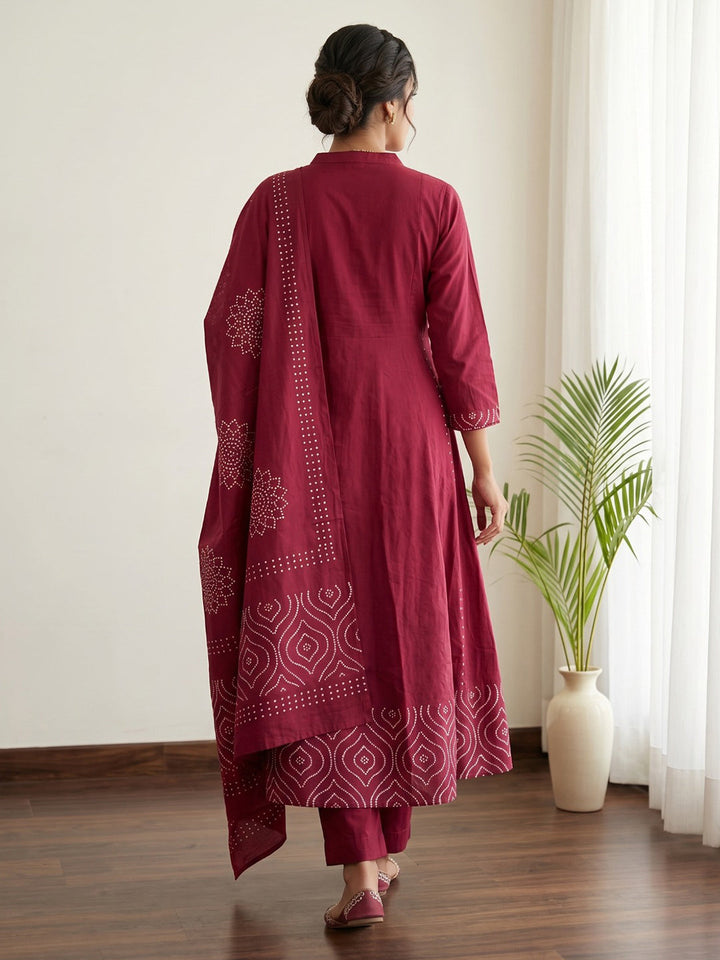 Red Printed Cotton Blend Kurta With Pant &amp; Dupatta