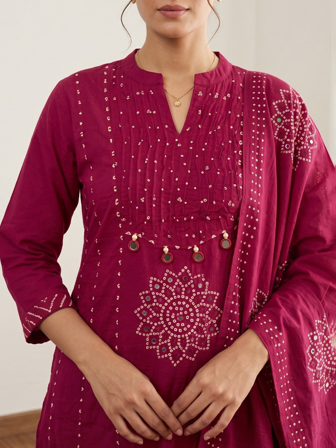 Red Printed Cotton Blend Kurta With Pant & Dupatta