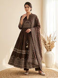 Brown Printed Cotton Blend Kurta With Pant & Dupatta