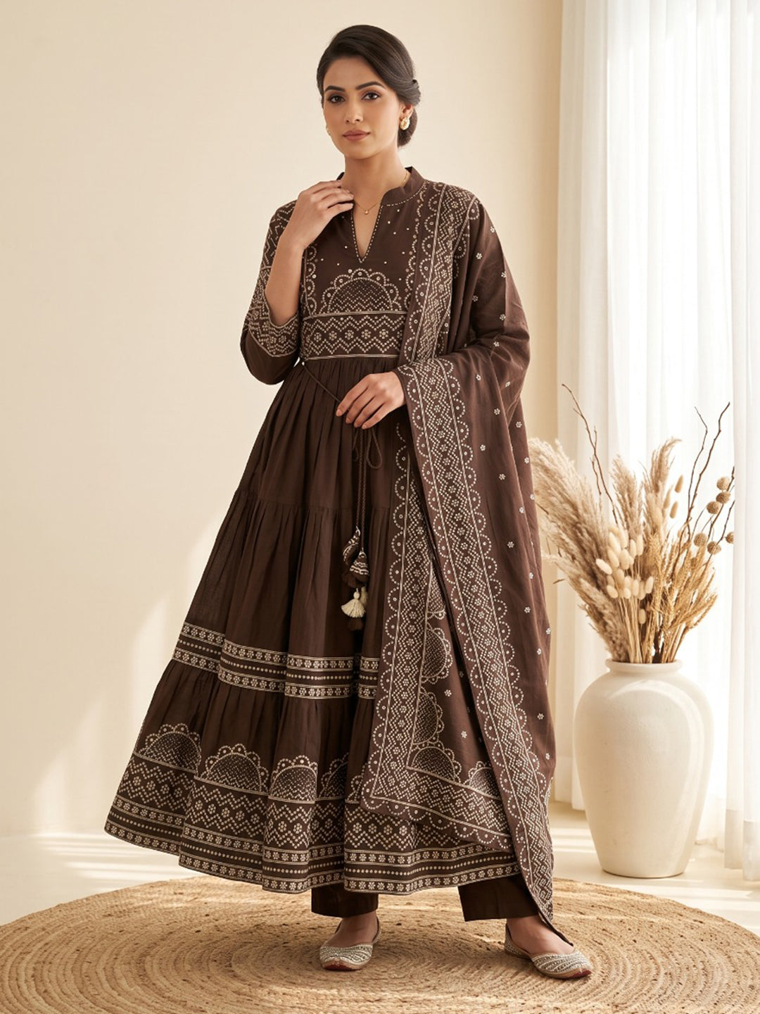 Brown Printed Cotton Blend Kurta With Pant & Dupatta