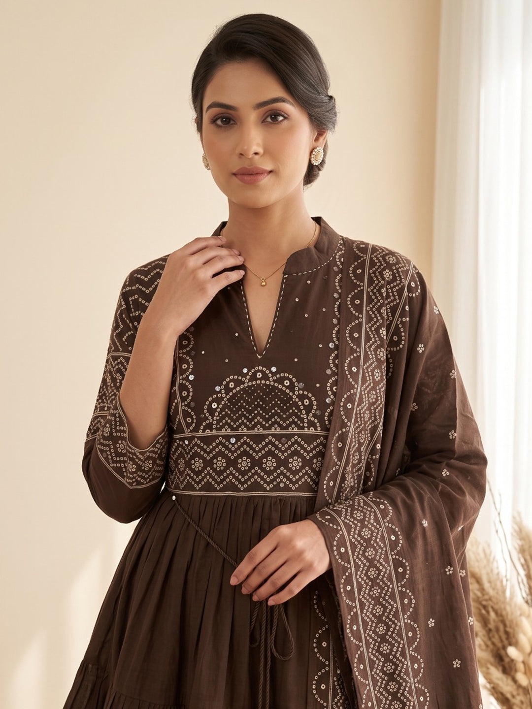Brown Printed Cotton Blend Kurta With Pant & Dupatta