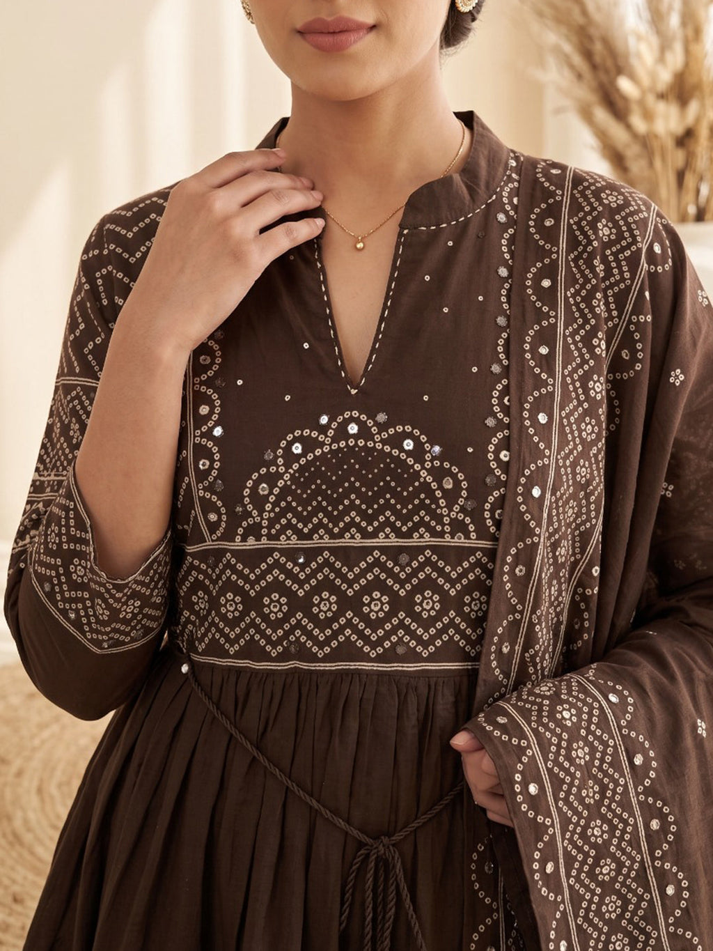 Brown Printed Cotton Blend Kurta With Pant & Dupatta