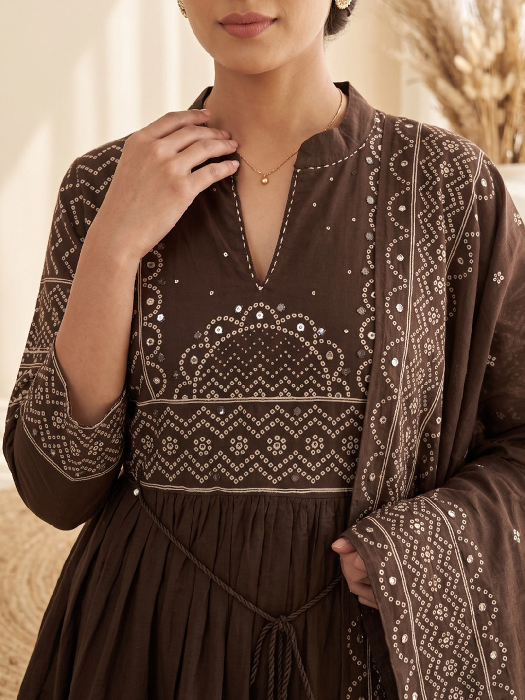 Brown Printed Cotton Blend Kurta With Pant & Dupatta
