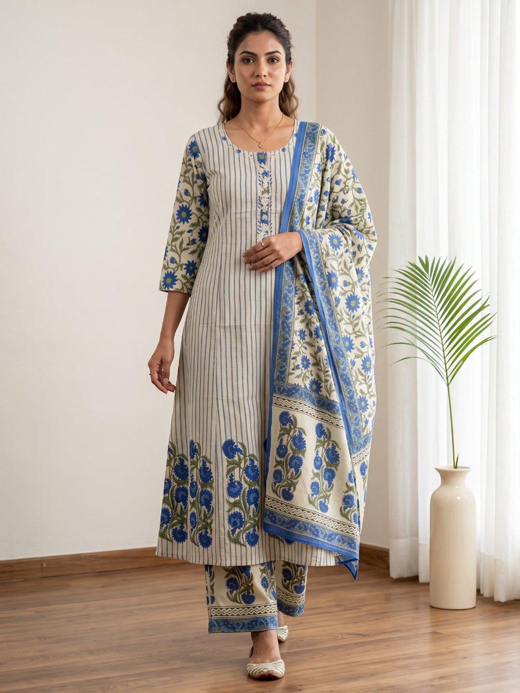 Blue Embroidery Cotton Blend Kurta With Pant & Dupatta