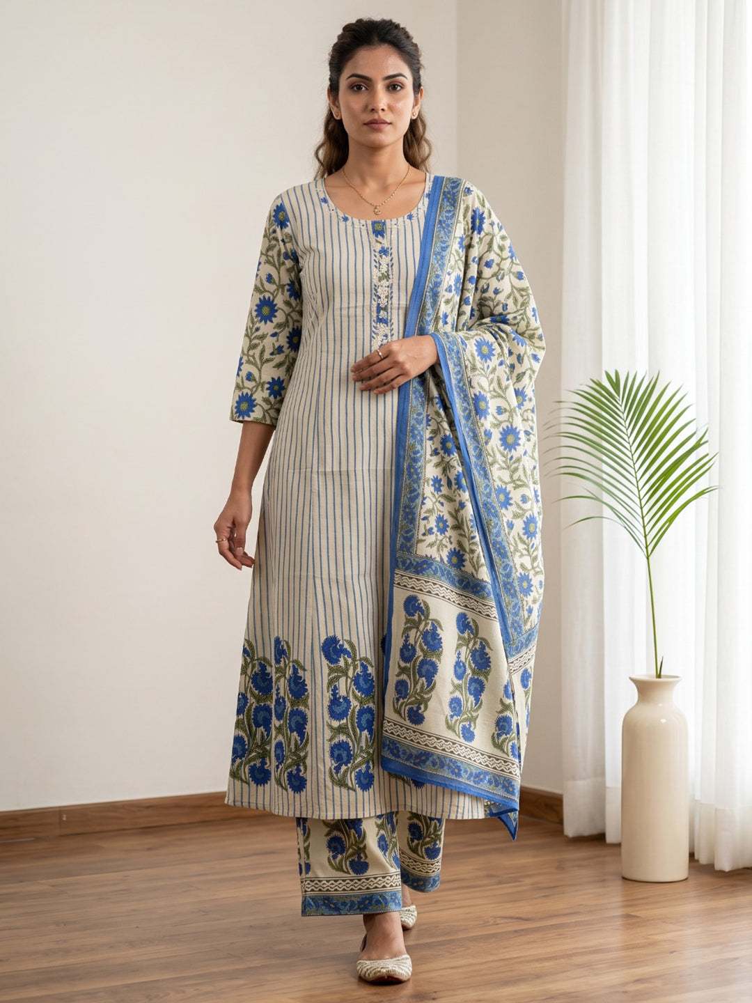 Blue Embroidery Cotton Blend Kurta With Pant & Dupatta