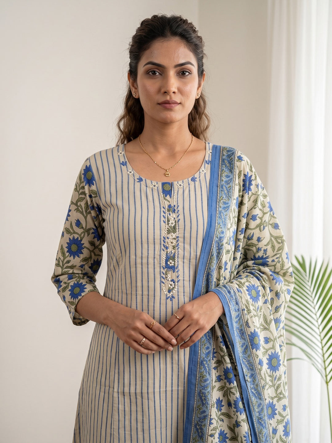 Blue Embroidery Cotton Blend Kurta With Pant & Dupatta