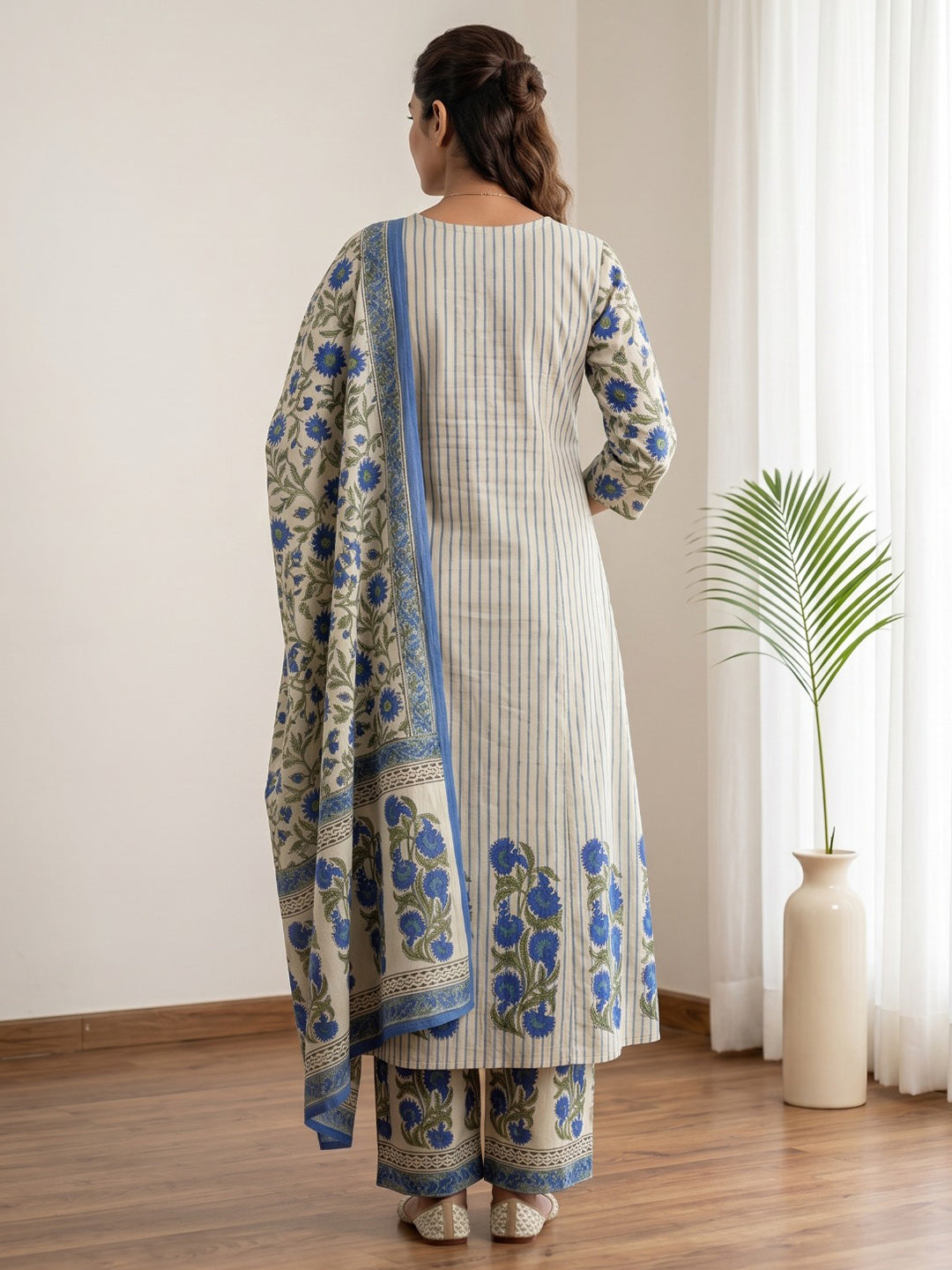 Blue Embroidery Cotton Blend Kurta With Pant & Dupatta