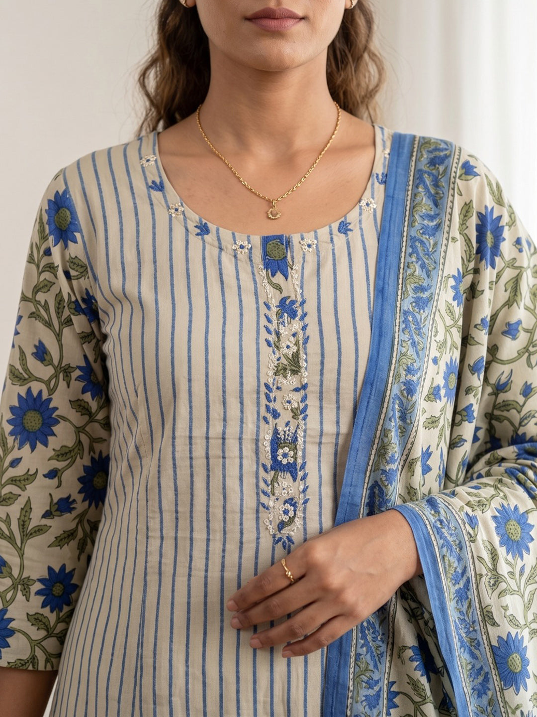 Blue Embroidery Cotton Blend Kurta With Pant & Dupatta