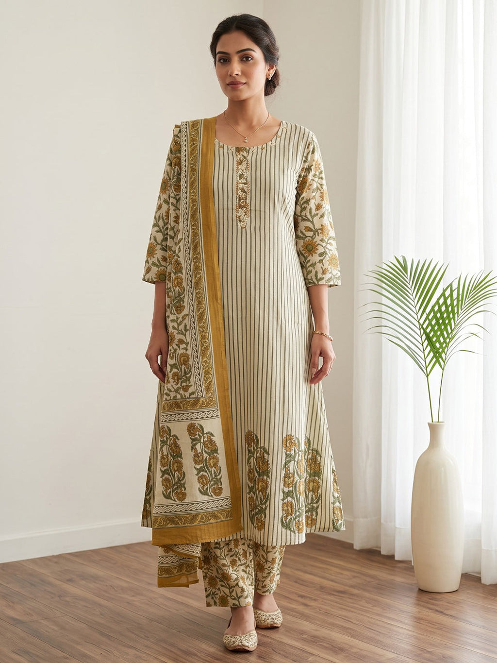Mustard Embroidery Cotton Blend Kurta With Pant & Dupatta