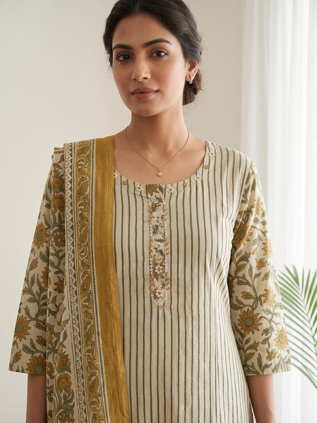 Mustard Embroidery Cotton Blend Kurta With Pant & Dupatta