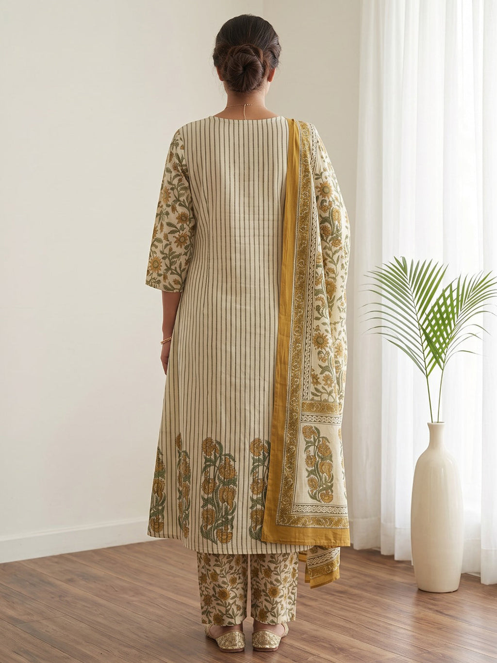 Mustard Embroidery Cotton Blend Kurta With Pant & Dupatta