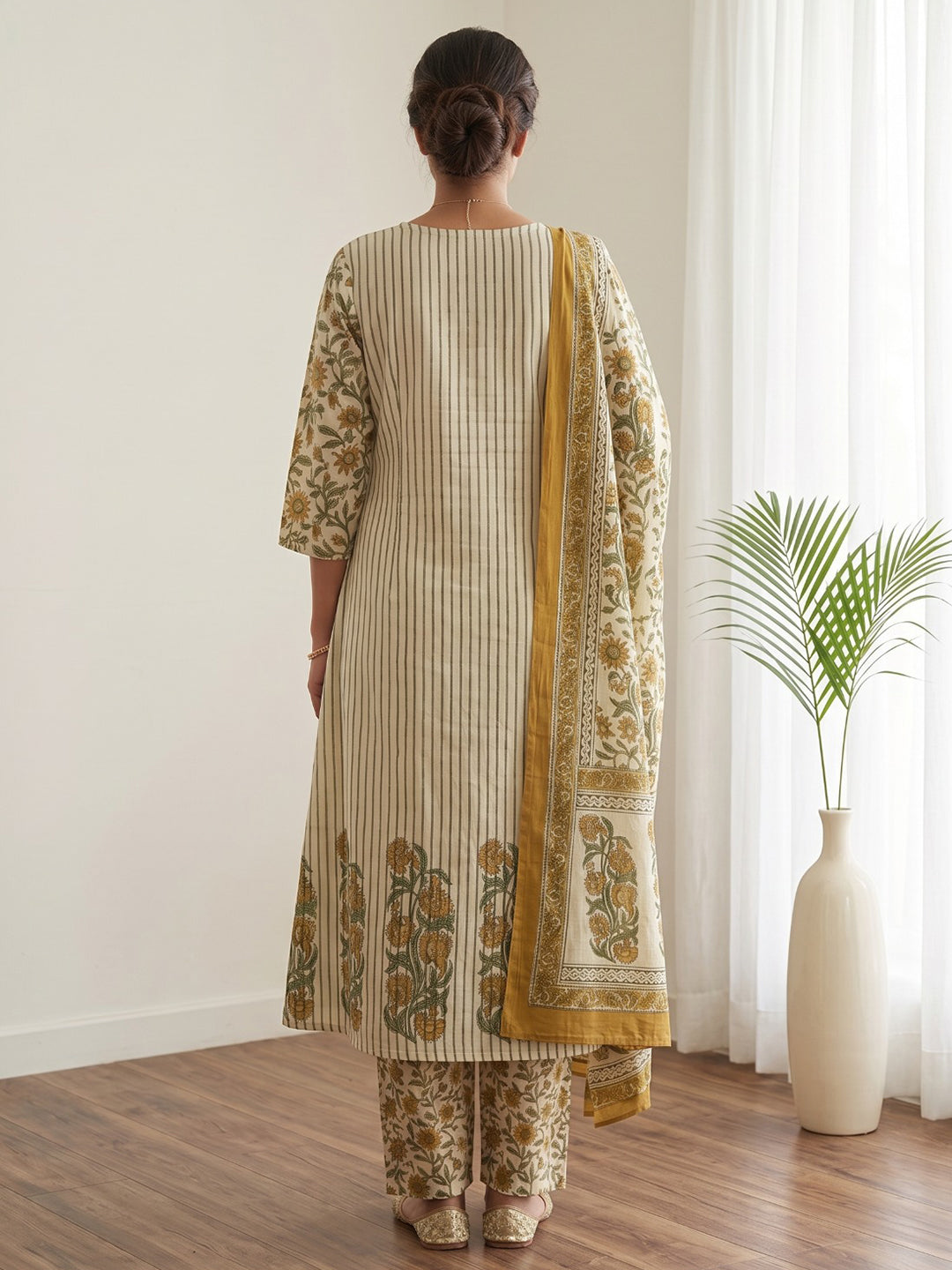 Mustard Embroidery Cotton Blend Kurta With Pant & Dupatta