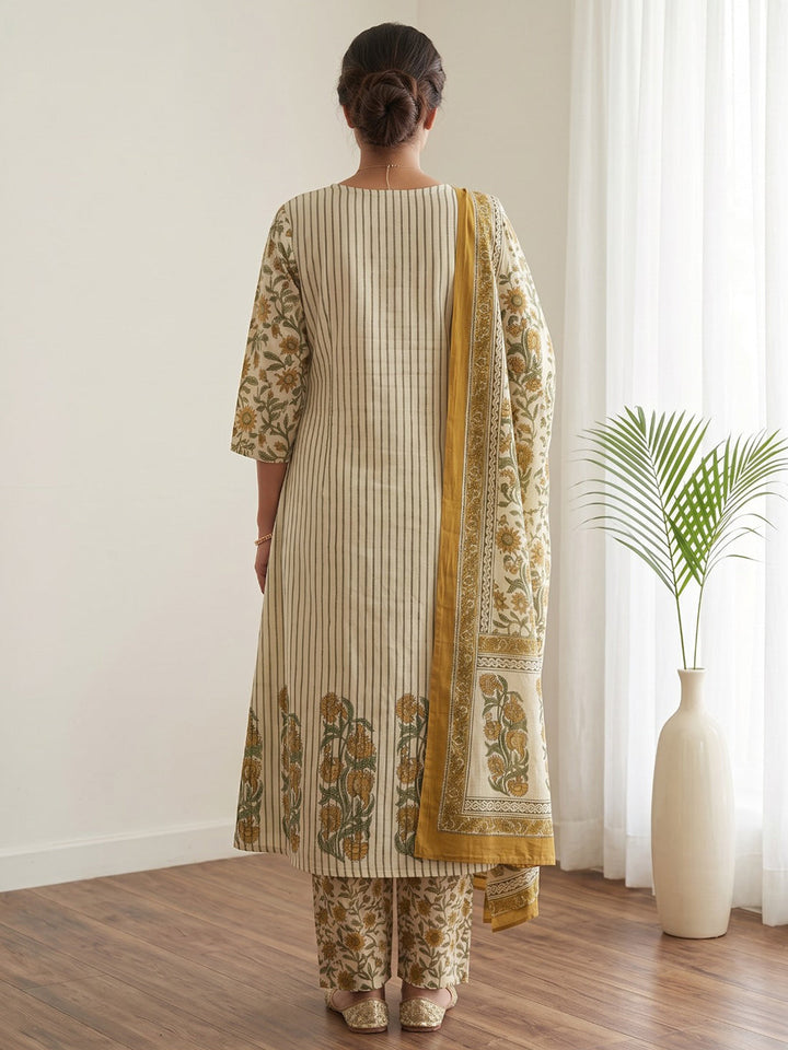 Mustard Embroidery Cotton Blend Kurta With Pant &amp; Dupatta