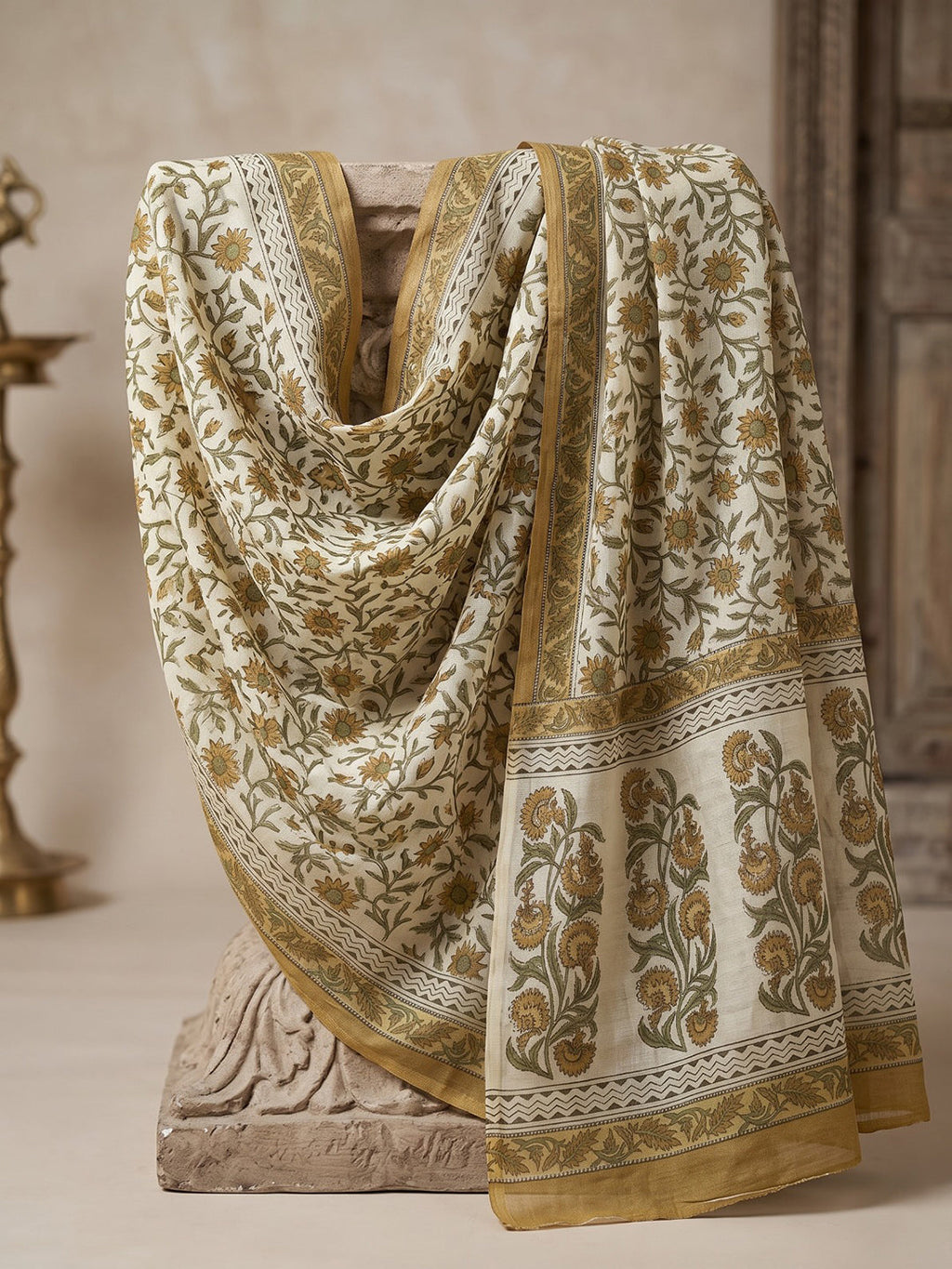 Mustard Embroidery Cotton Blend Kurta With Pant & Dupatta