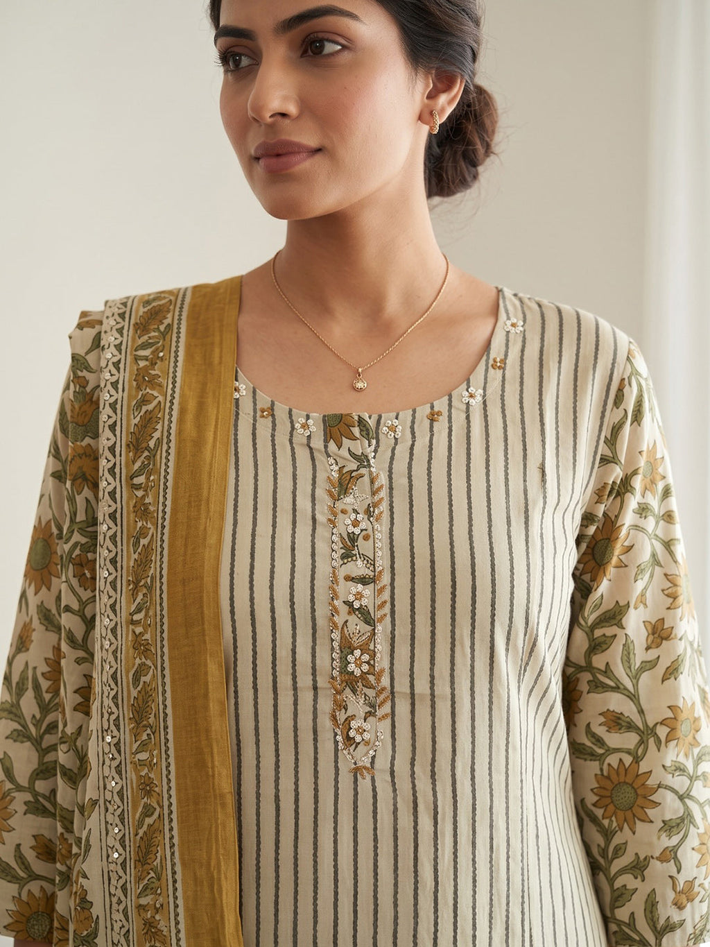 Mustard Embroidery Cotton Blend Kurta With Pant & Dupatta