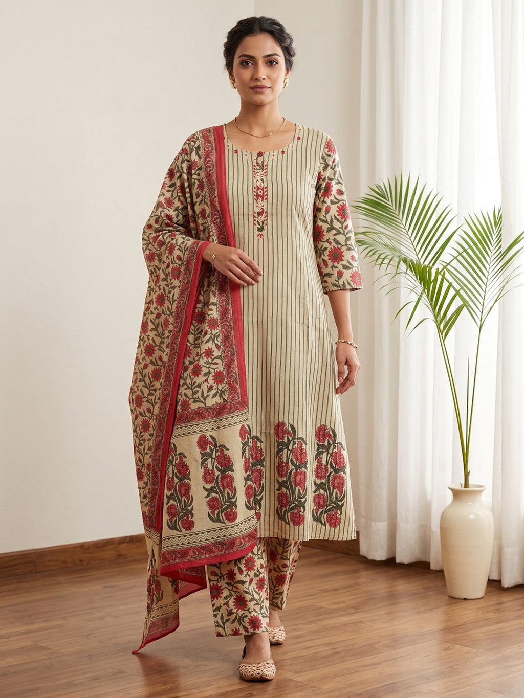 Red Embroidery Cotton Blend Kurta With Pant & Dupatta