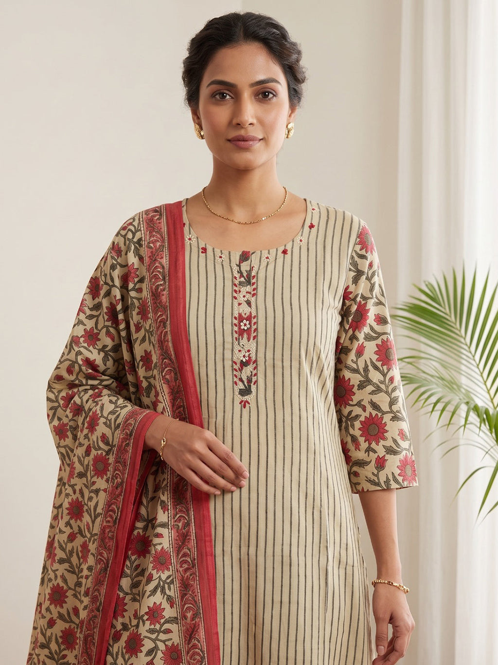 Red Embroidery Cotton Blend Kurta With Pant & Dupatta