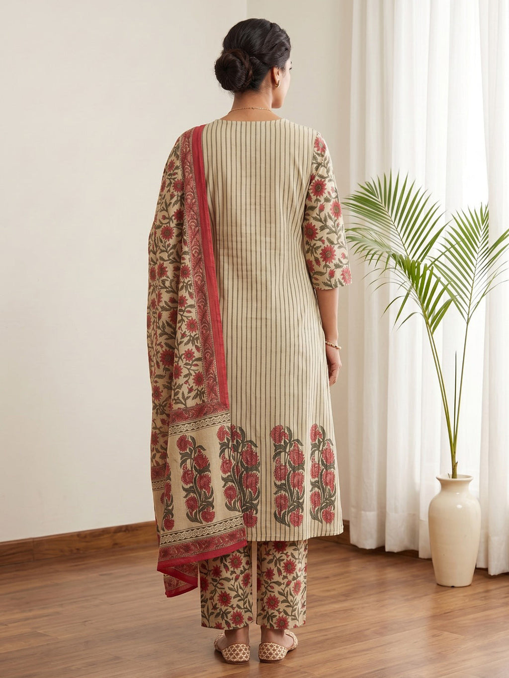 Red Embroidery Cotton Blend Kurta With Pant & Dupatta