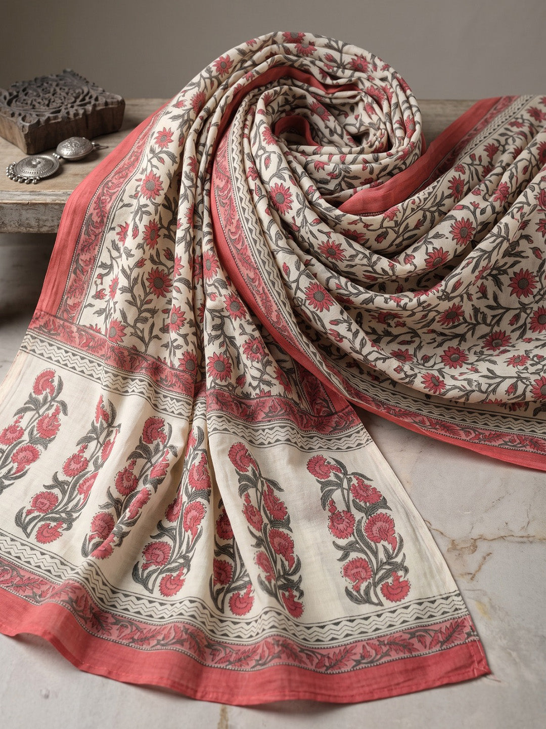 Red Embroidery Cotton Blend Kurta With Pant & Dupatta