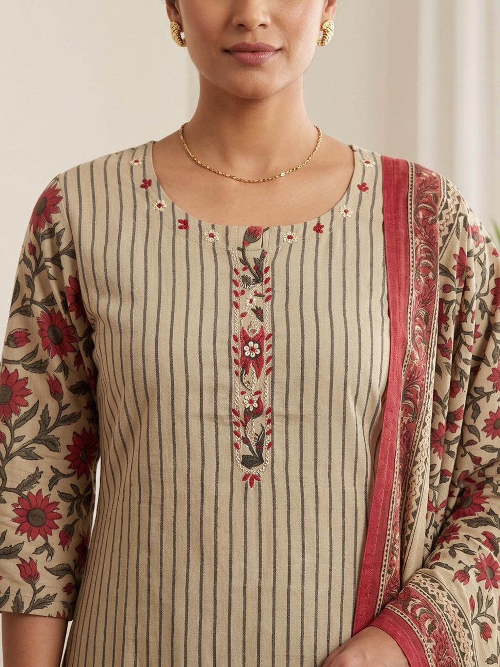 Red Embroidery Cotton Blend Kurta With Pant & Dupatta