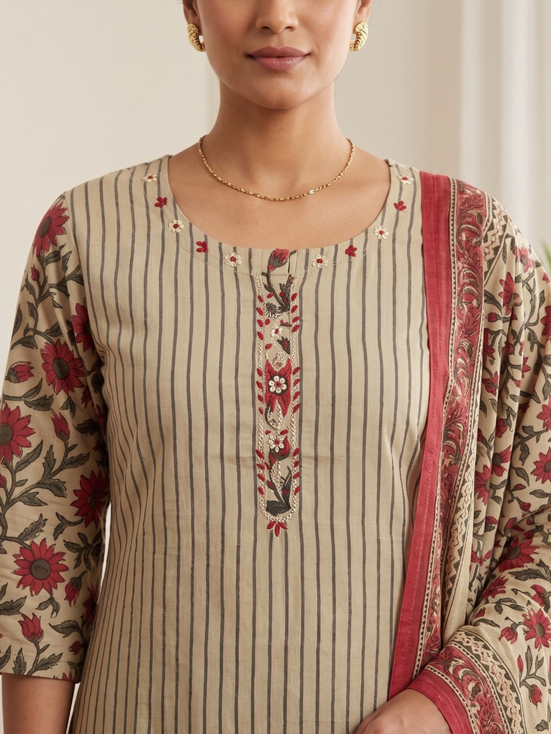 Red Embroidery Cotton Blend Kurta With Pant & Dupatta