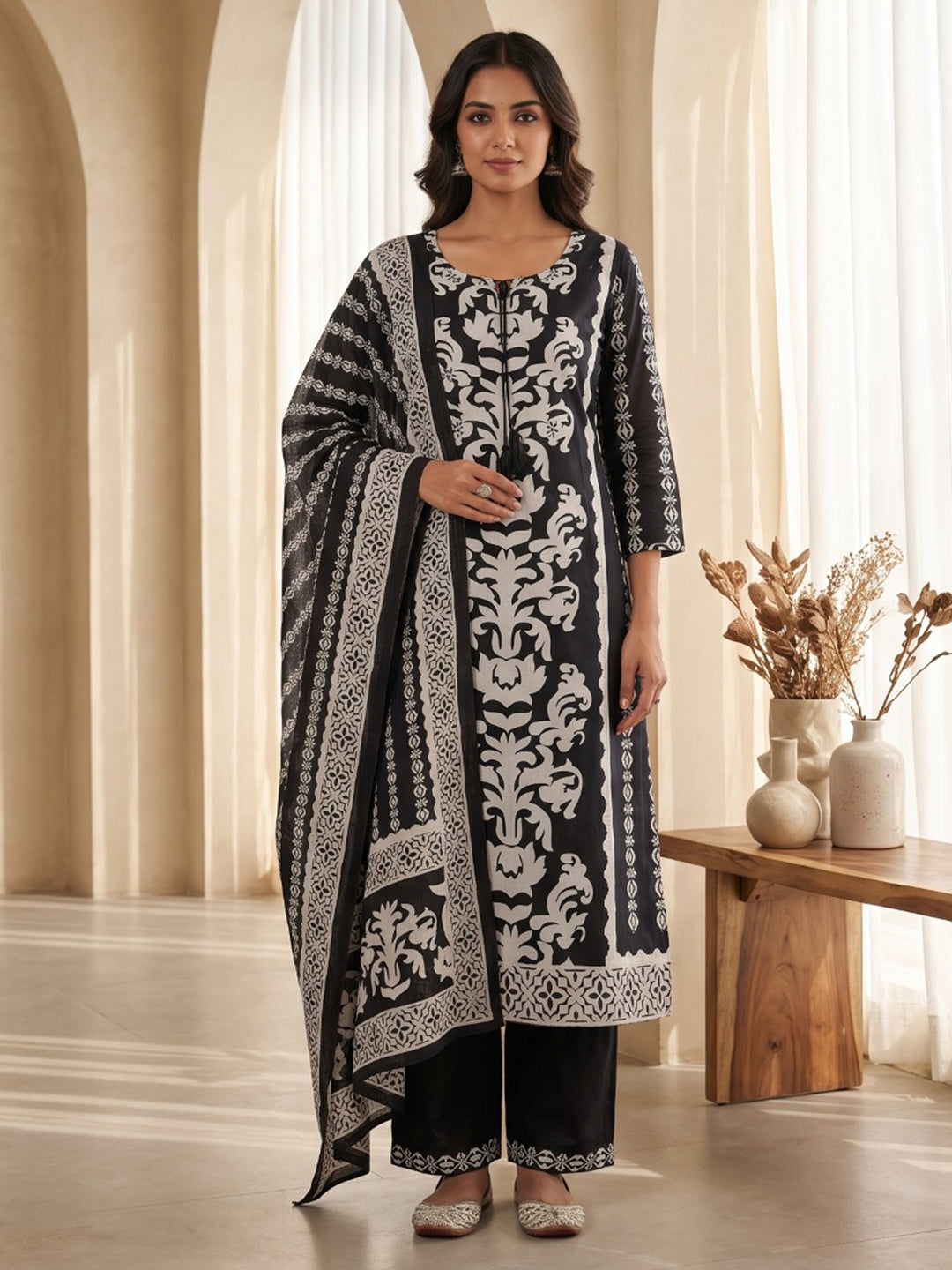 Black Printed Cotton Blend Kurta With Pant & Dupatta