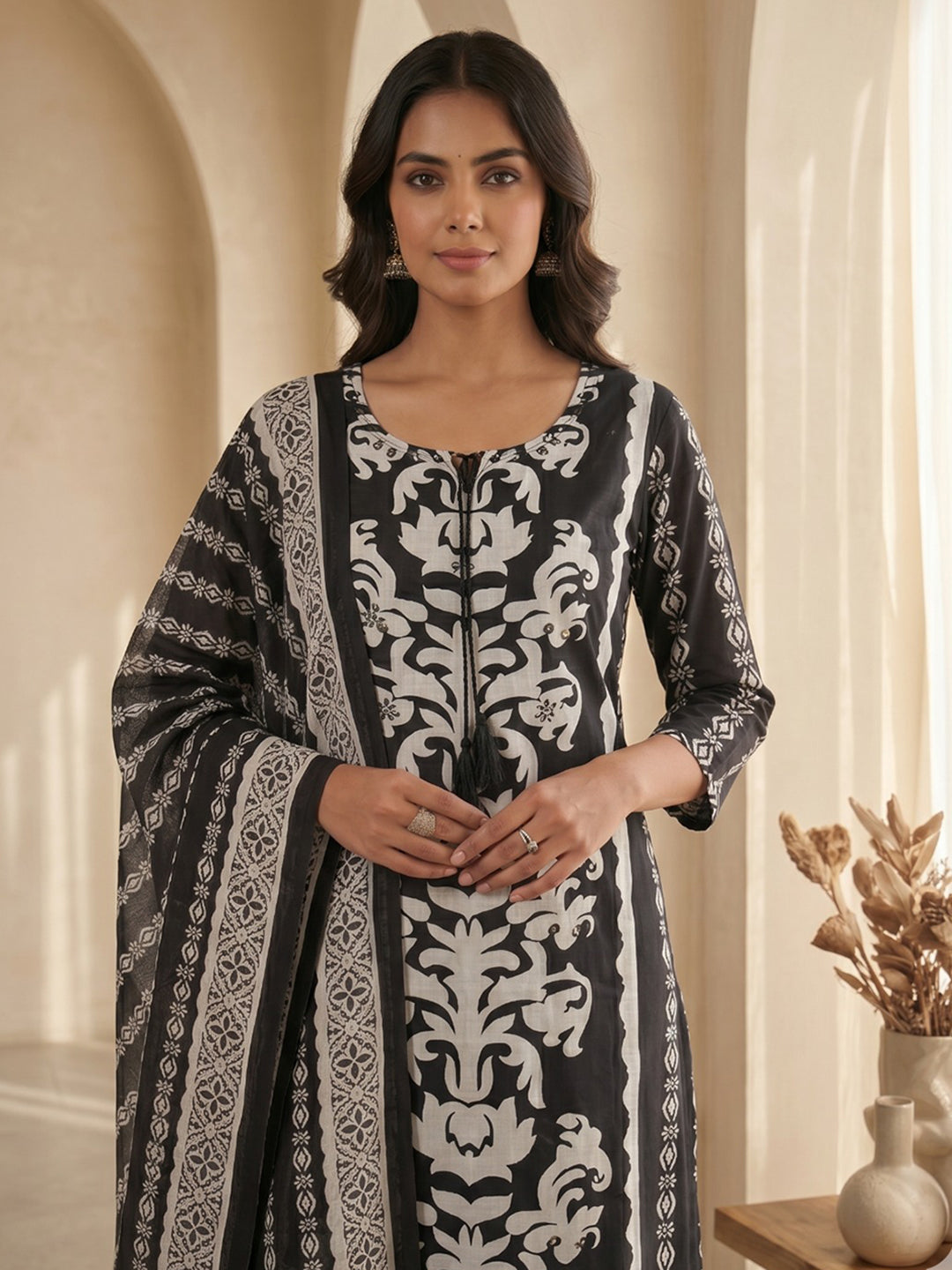 Black Printed Cotton Blend Kurta With Pant & Dupatta