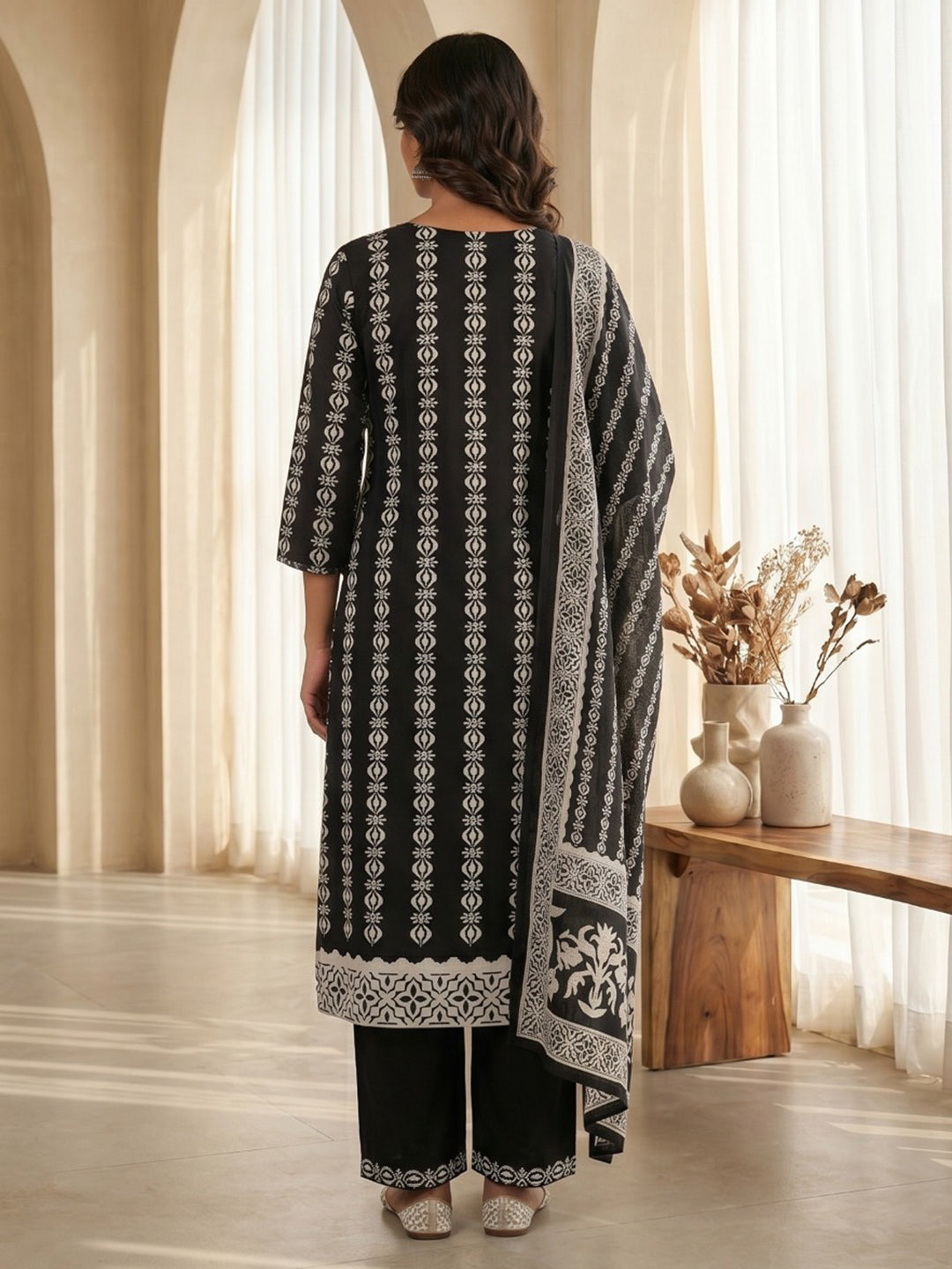 Black Printed Cotton Blend Kurta With Pant & Dupatta