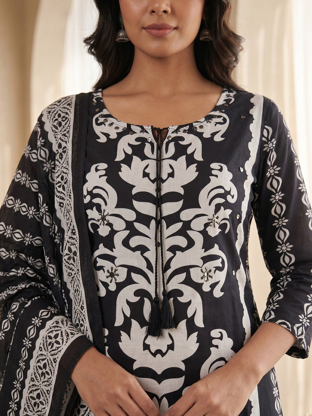 Black Printed Cotton Blend Kurta With Pant & Dupatta