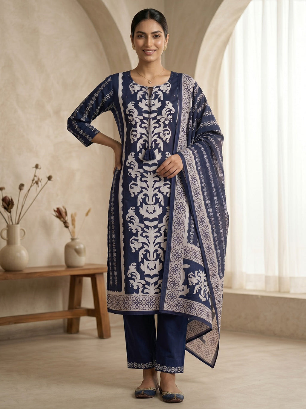 Blue Printed Cotton Blend Kurta With Pant & Dupatta