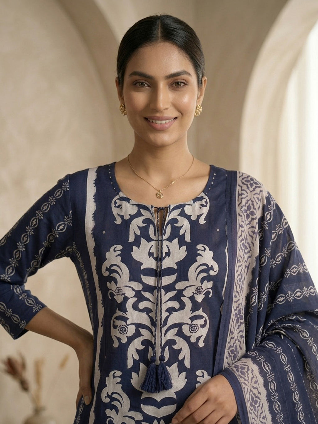 Blue Printed Cotton Blend Kurta With Pant & Dupatta