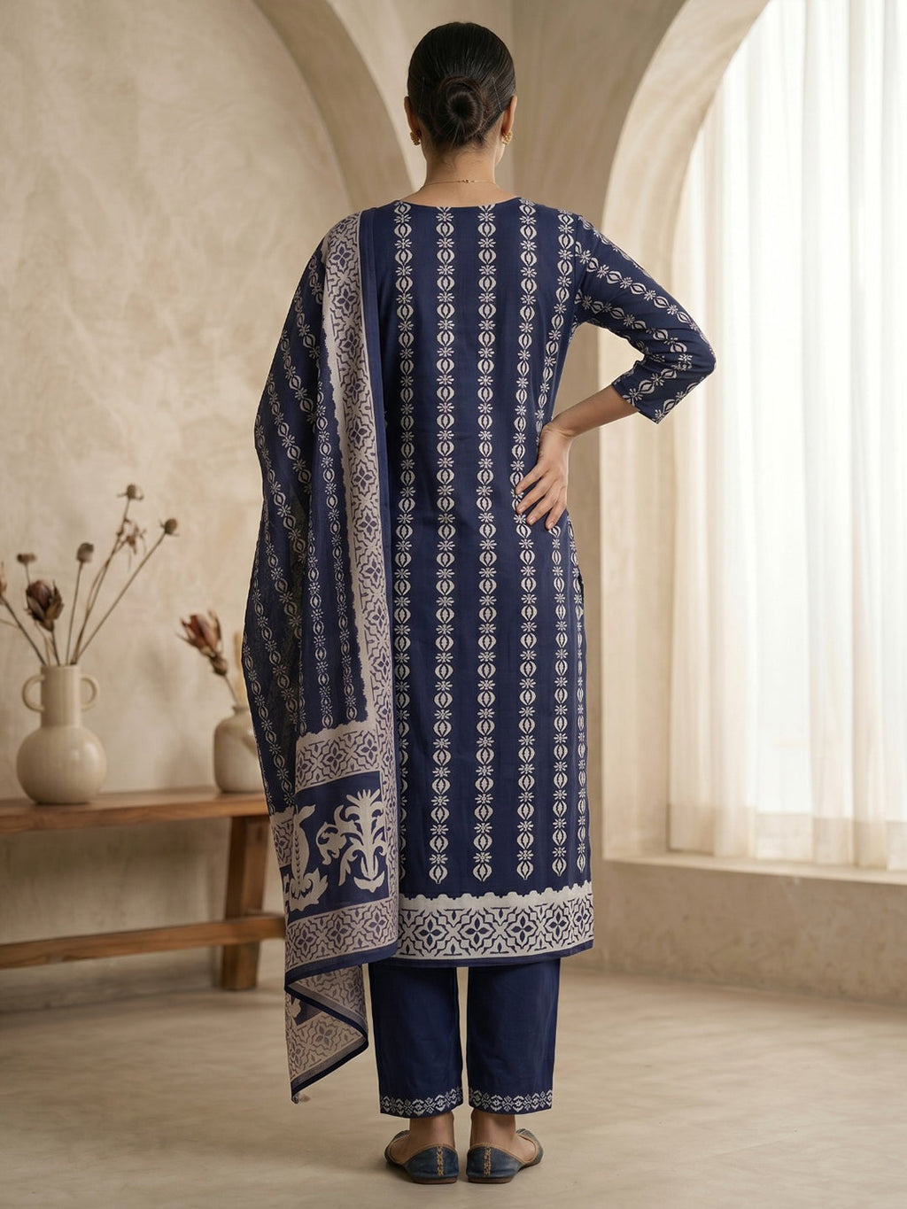 Blue Printed Cotton Blend Kurta With Pant & Dupatta