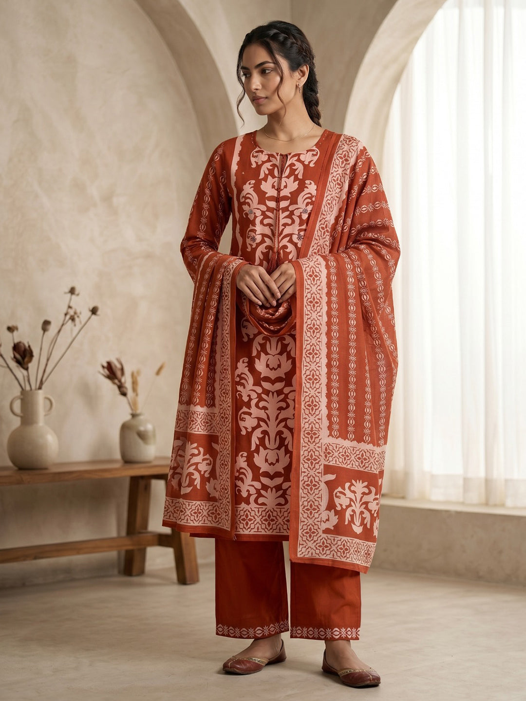 Orange Printed Cotton Blend Kurta With Pant & Dupatta