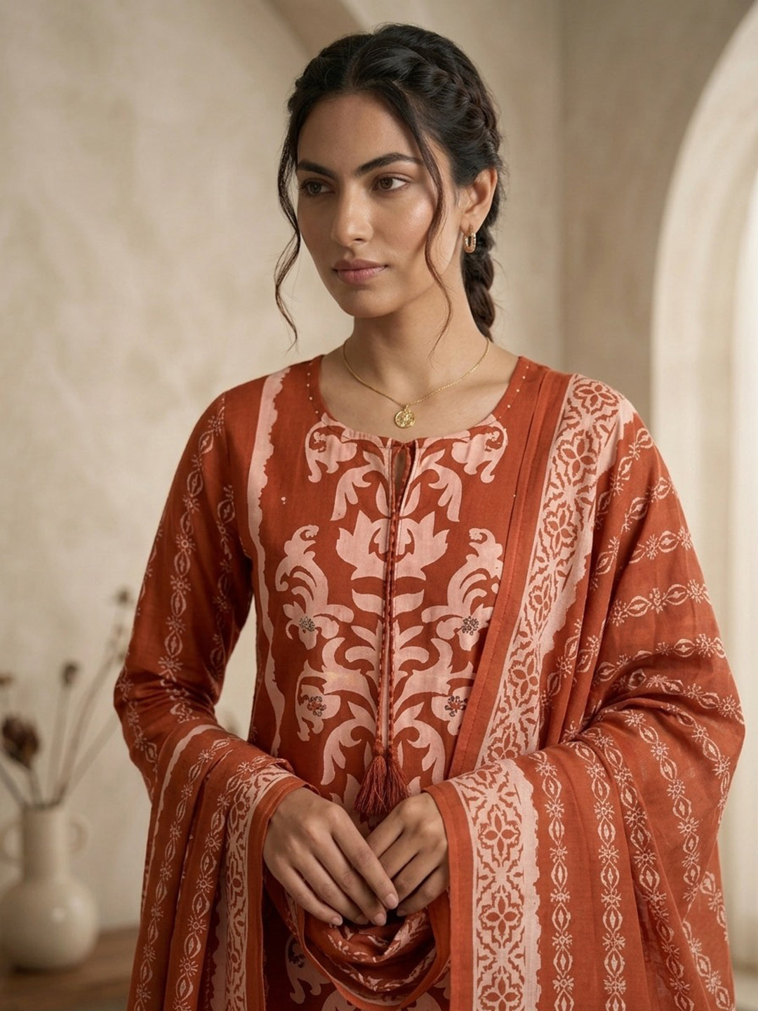 Orange Printed Cotton Blend Kurta With Pant & Dupatta