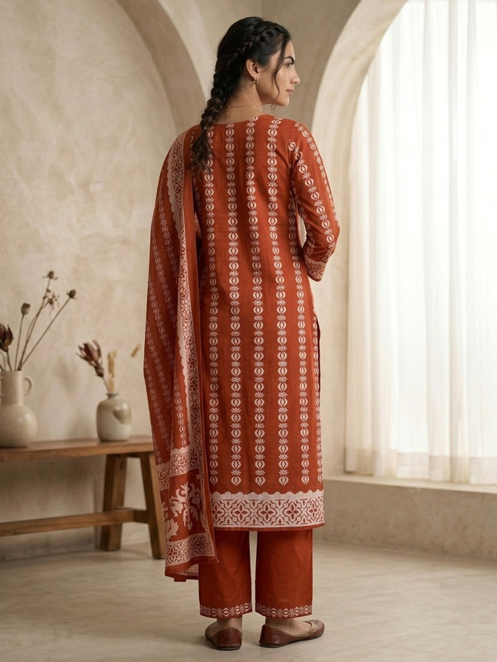 Orange Printed Cotton Blend Kurta With Pant & Dupatta
