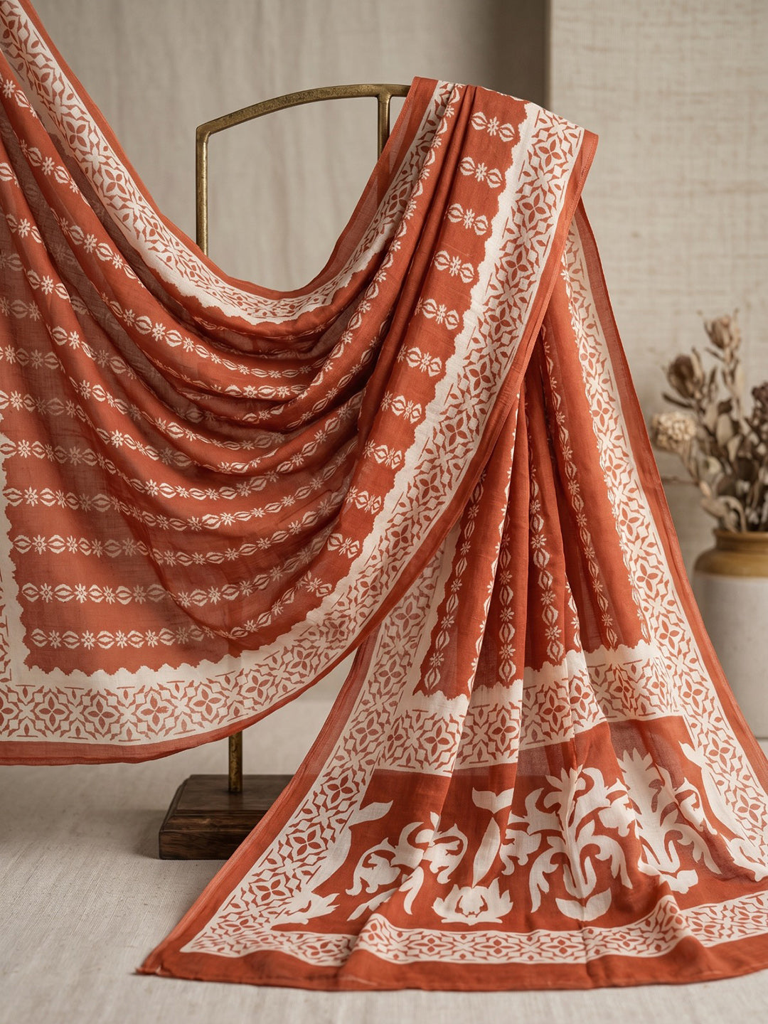 Orange Printed Cotton Blend Kurta With Pant & Dupatta
