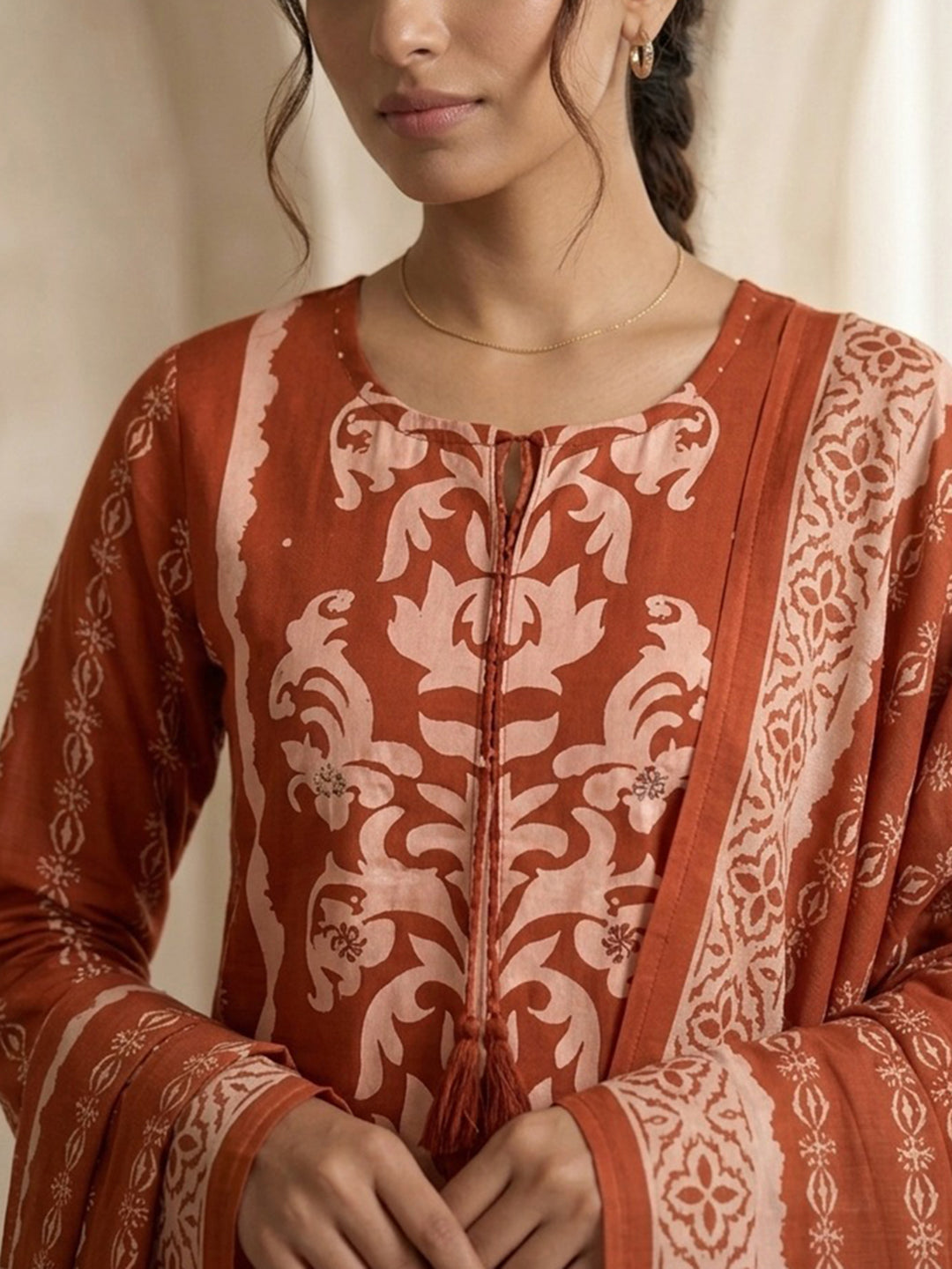 Orange Printed Cotton Blend Kurta With Pant & Dupatta