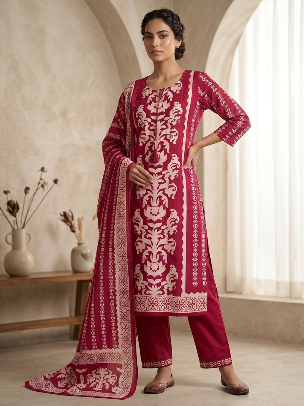 Pink Printed Cotton Blend Kurta With Pant & Dupatta