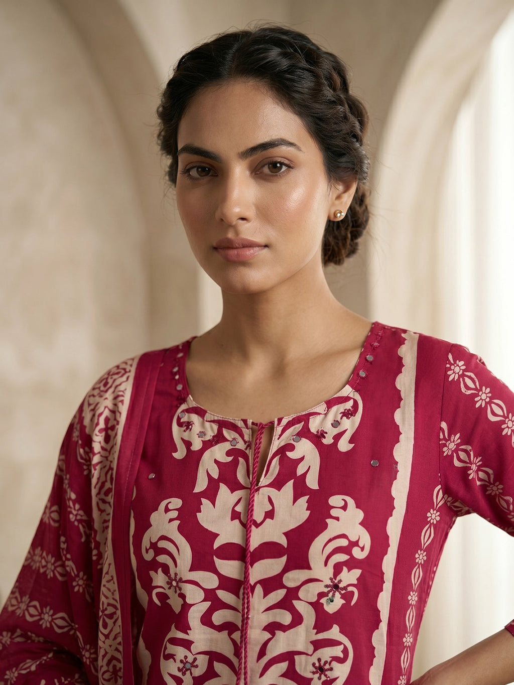 Pink Printed Cotton Blend Kurta With Pant & Dupatta