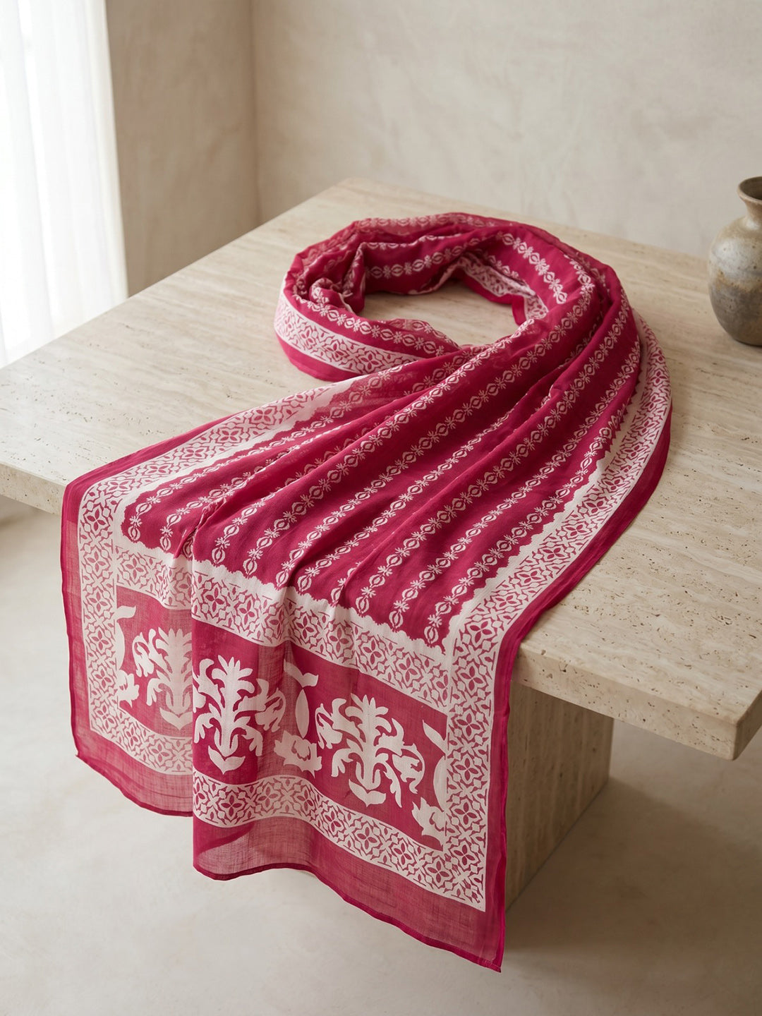 Pink Printed Cotton Blend Kurta With Pant & Dupatta