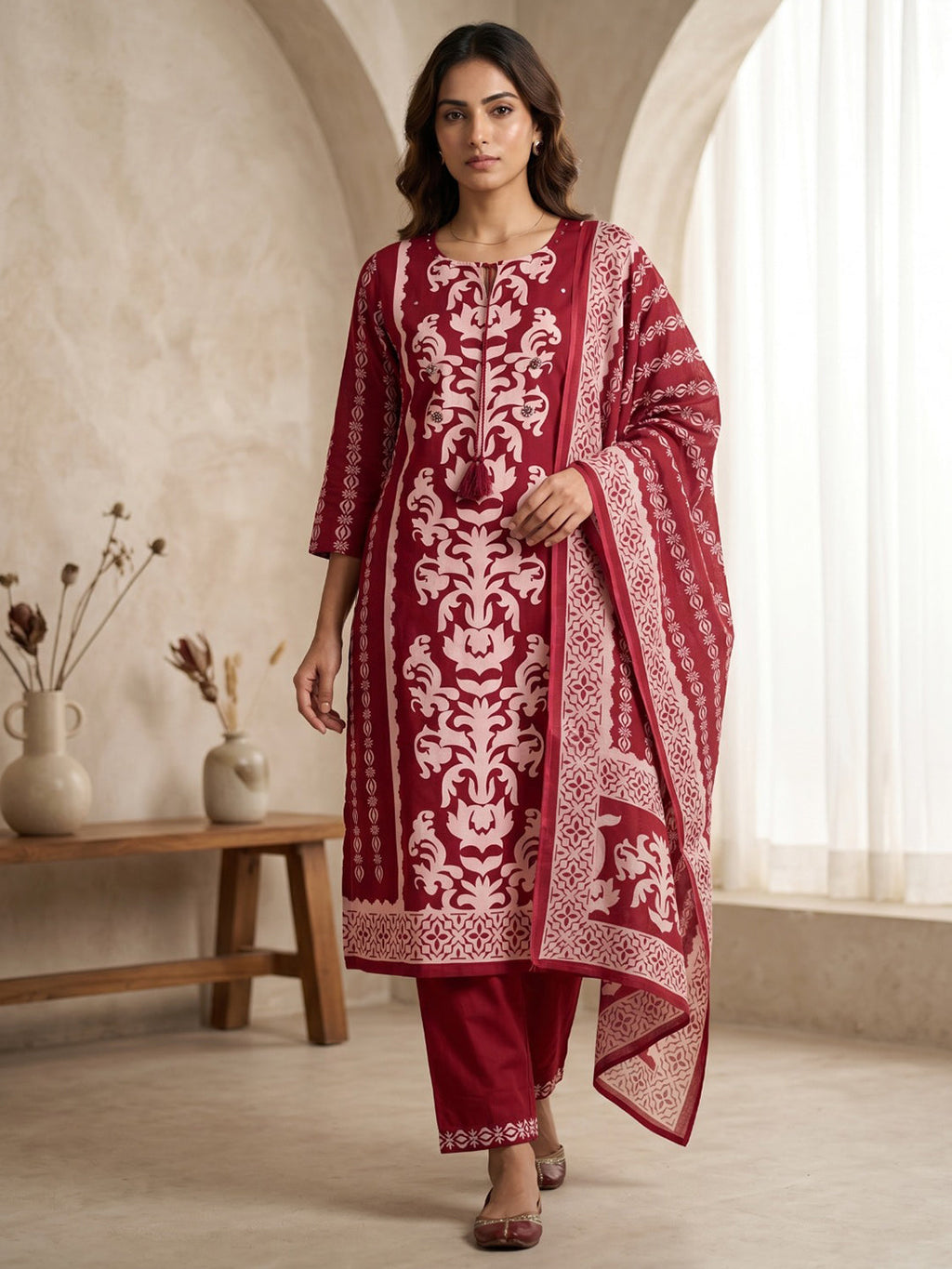 Red Printed Cotton Blend Kurta With Pant & Dupatta
