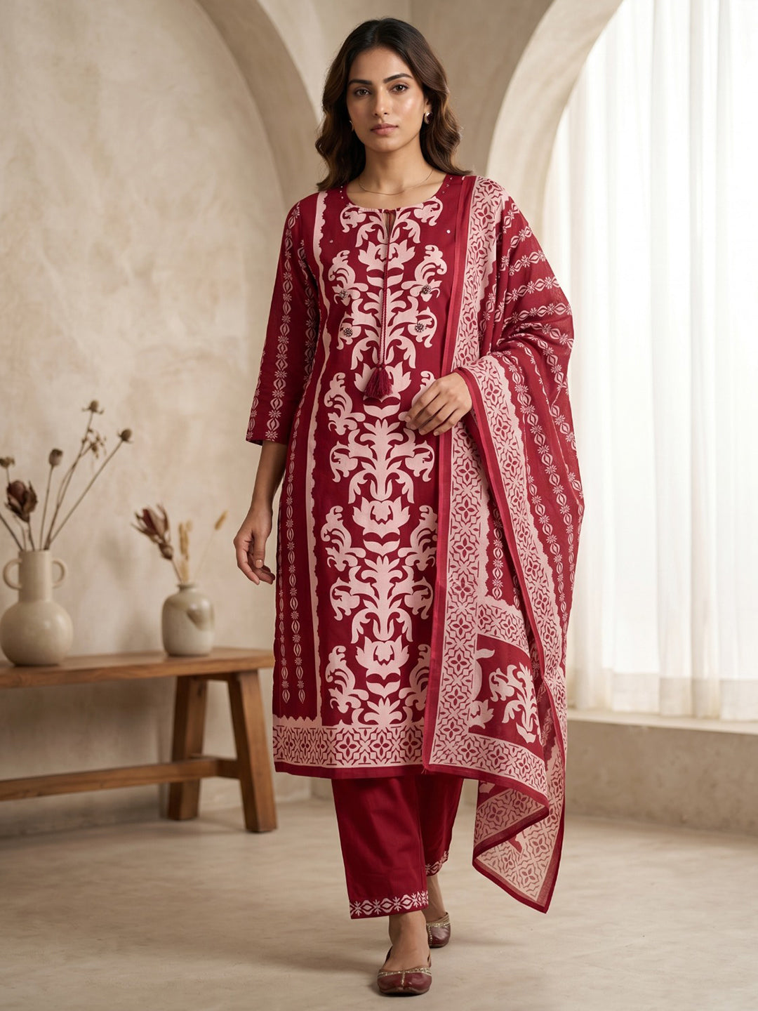 Red Printed Cotton Blend Kurta With Pant & Dupatta
