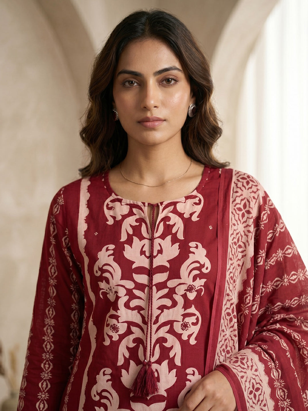 Red Printed Cotton Blend Kurta With Pant & Dupatta
