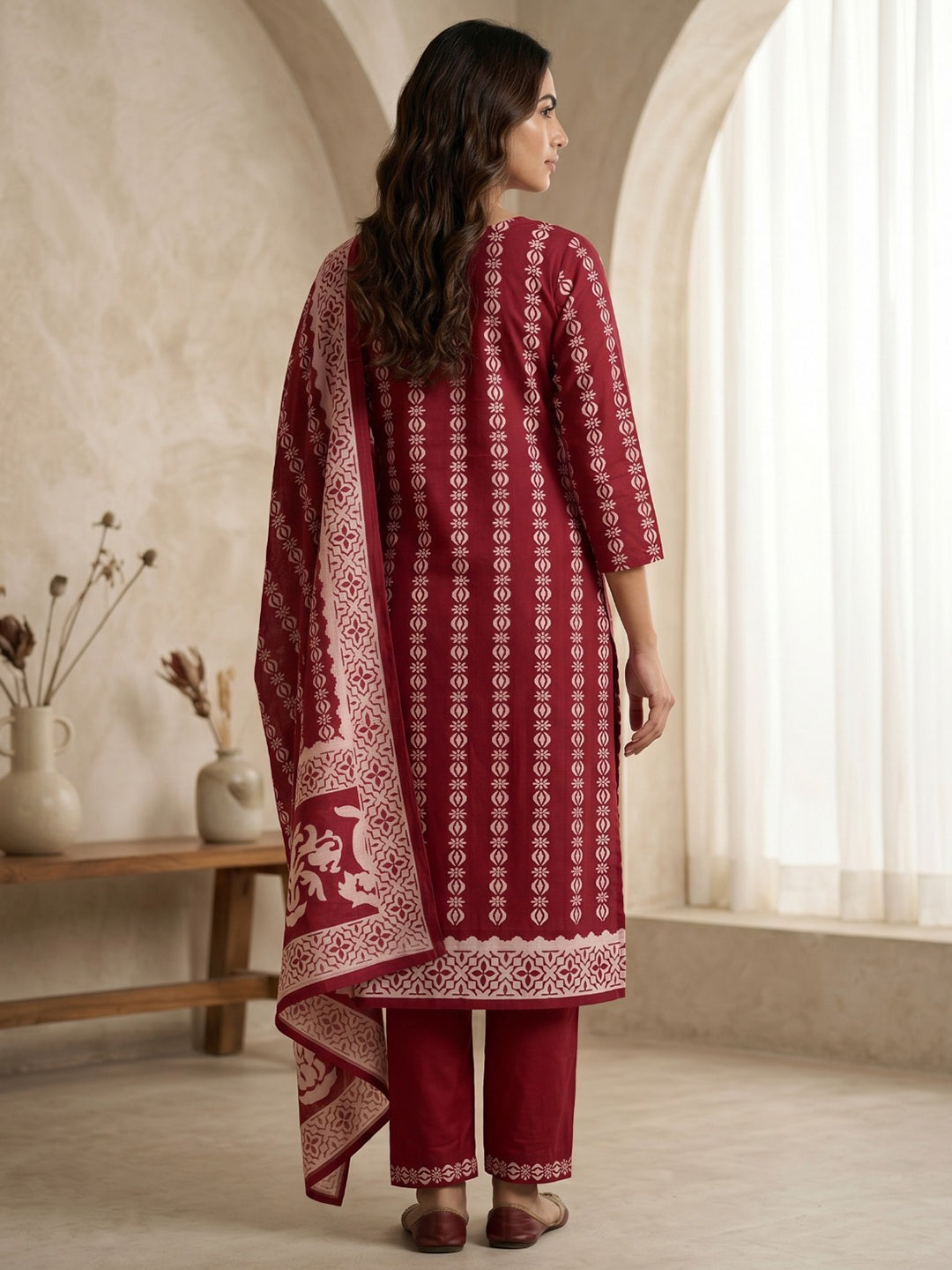 Red Printed Cotton Blend Kurta With Pant & Dupatta