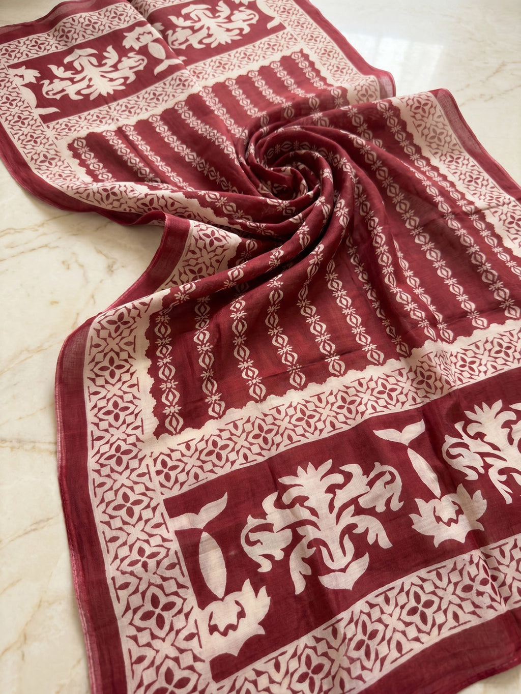 Red Printed Cotton Blend Kurta With Pant & Dupatta