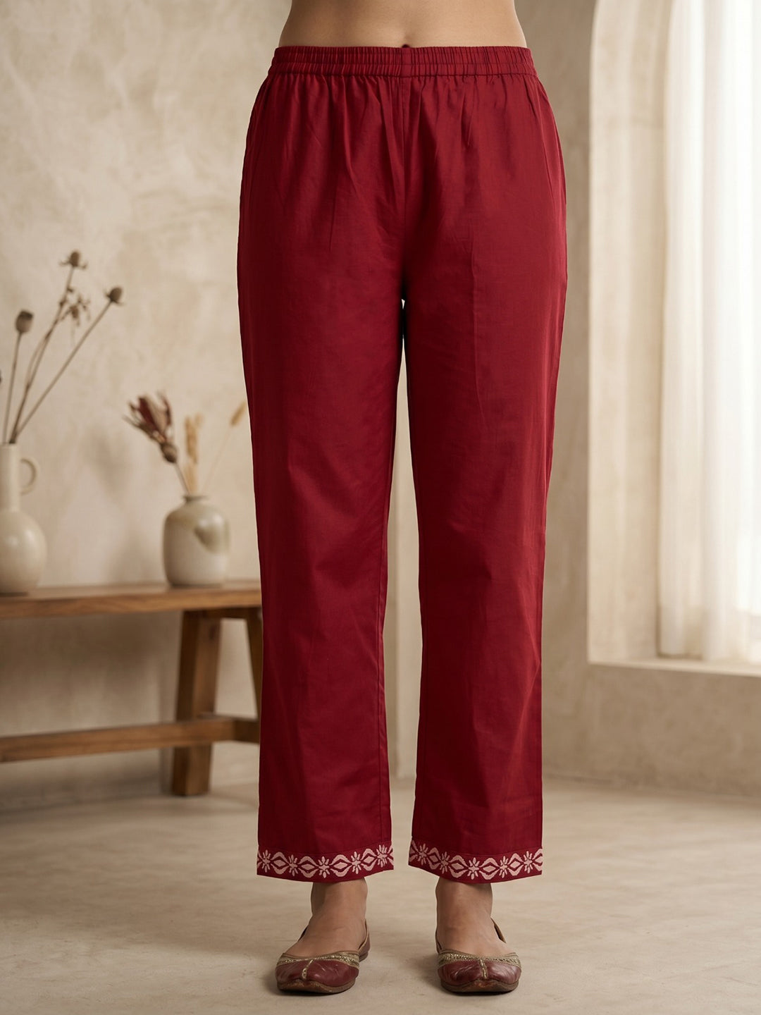 Red Printed Cotton Blend Kurta With Pant & Dupatta