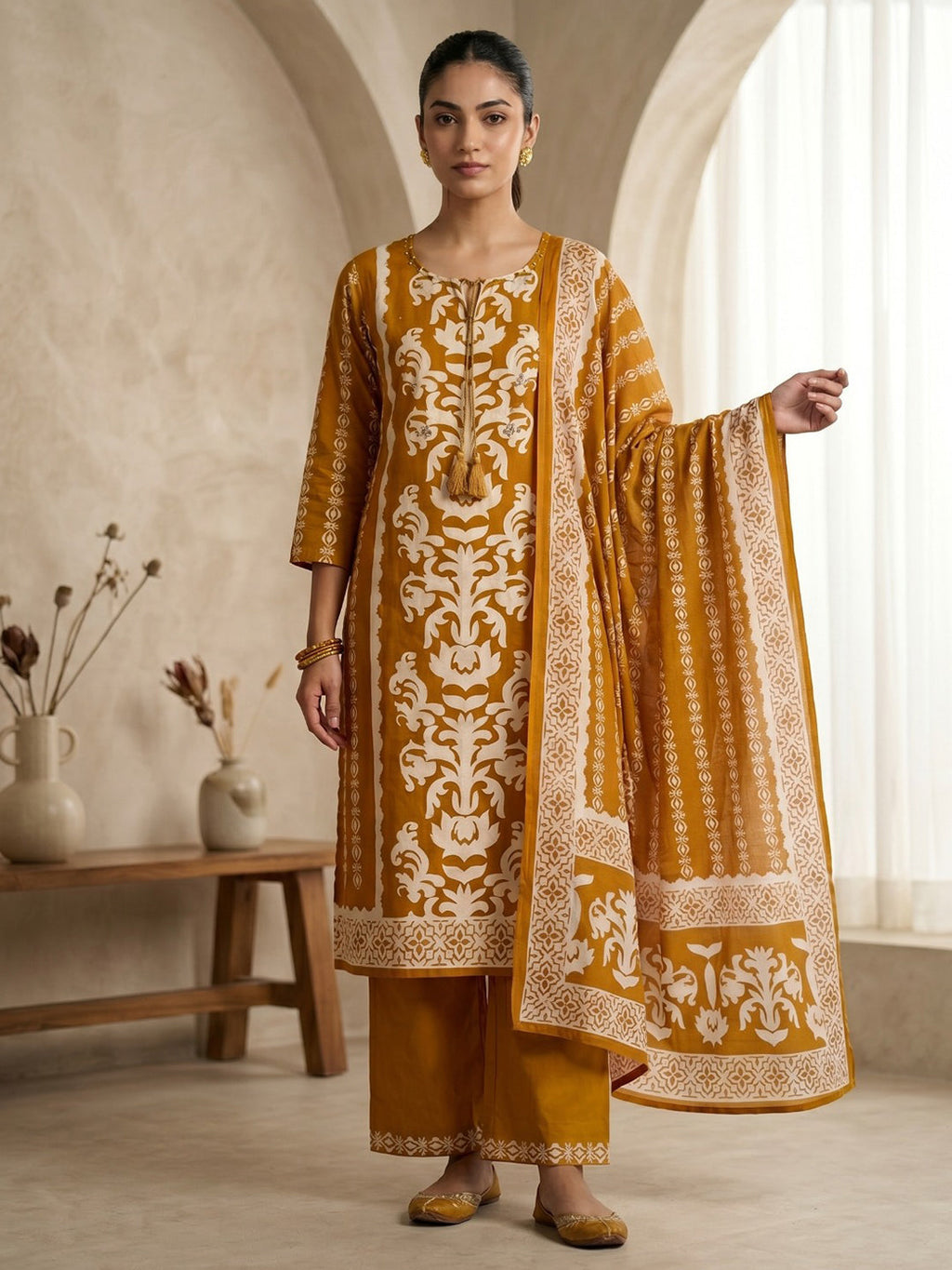 Yellow Printed Cotton Blend Kurta With Pant & Dupatta